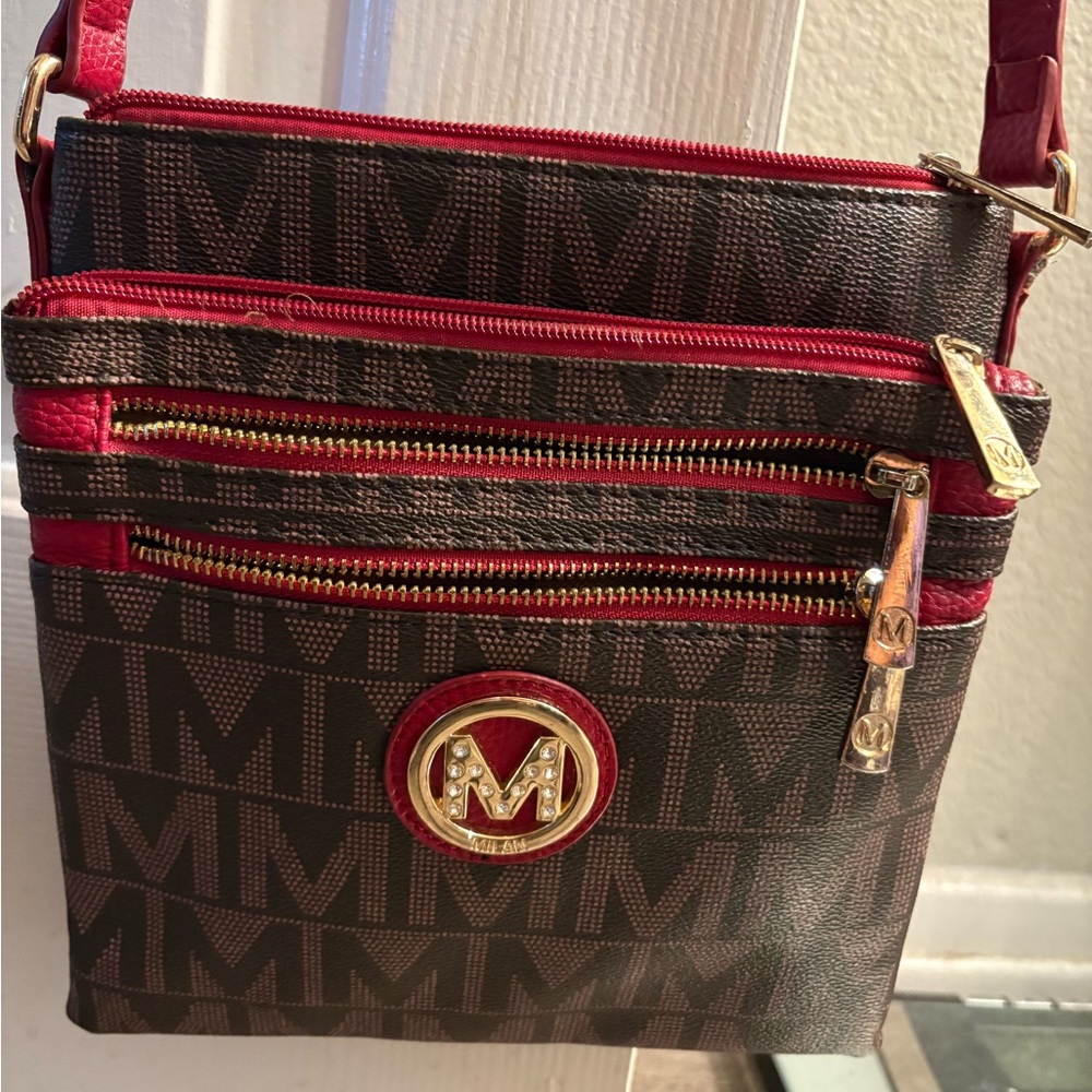 Chic Brown and Red Crossbody Bag with Monogram Design